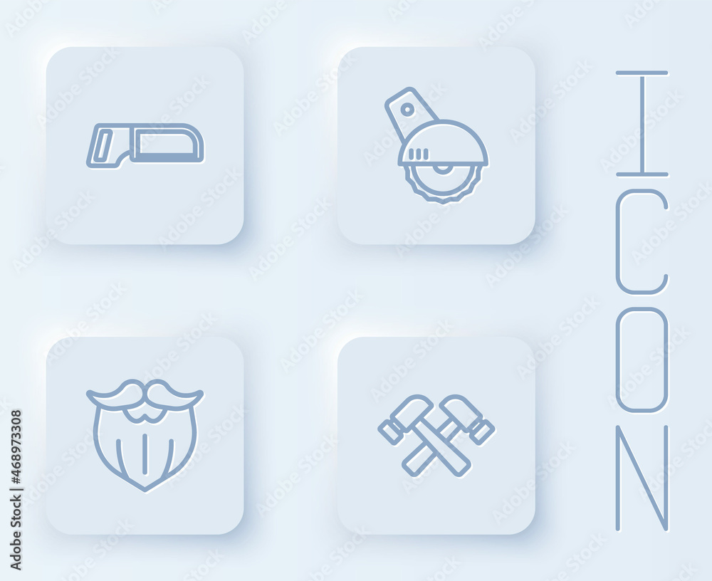 Set line Hacksaw, Electric circular, Mustache and beard and Crossed hammer. White square button. Vector Set line Hacksaw, Electric circular, Mustache and beard and Crossed hammer. White square button. Vector