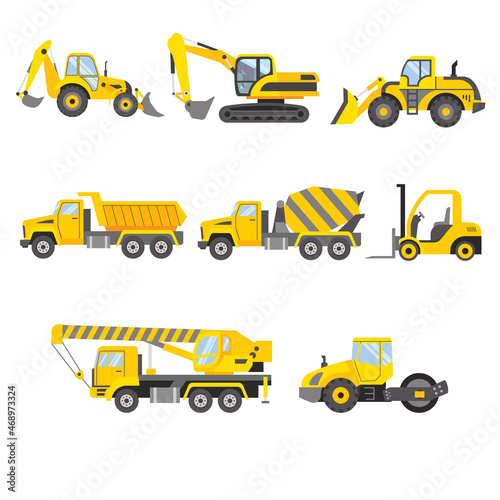 Set of construction machinery. Special machines for construction work. Excavator, Wheel loader, Dump truck, Concrete mixer, Forklift truck, Truck crane, Road roller. Vector illustration.