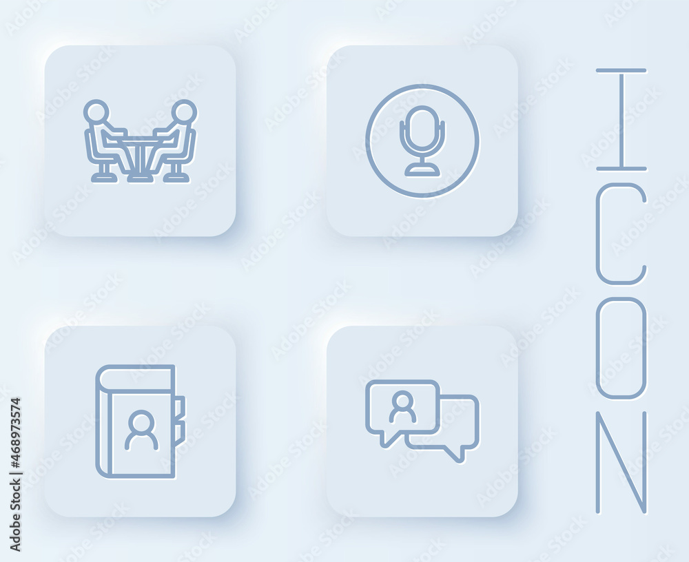 Set line Meeting, Microphone, Phone book and Speech bubble chat. White square button. Vector