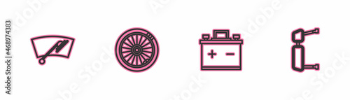 Set line Windscreen wiper, Car battery, wheel and Truck side mirror icon. Vector