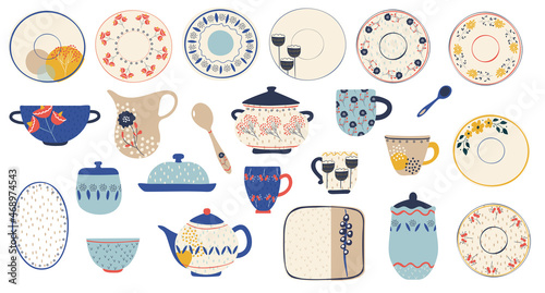 Ceramic tableware, Scandinavian style. Kitchen utensils and utensils on a white background. Vector.