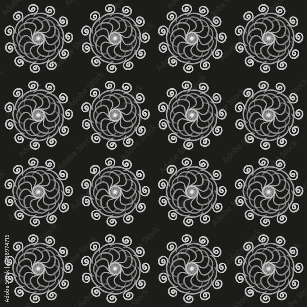 Seamless botanical pattern. White mandalas on a black background hand-drawn. Oriental motifs, folk ornament. Beautiful fashionable design of fabric, textile, template, wallpaper.