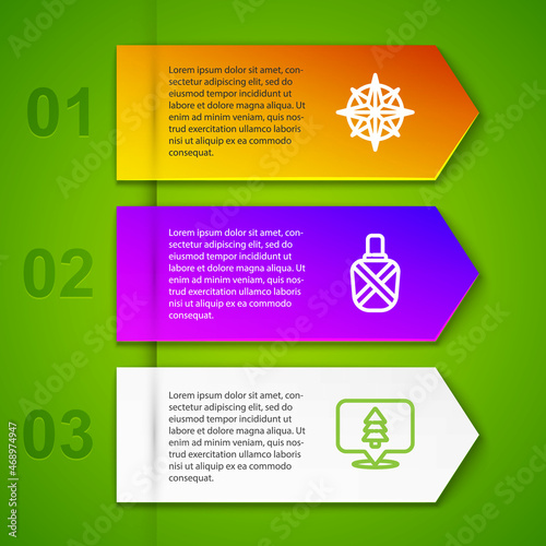 Set line Wind rose, Canteen water bottle, Location of the forest and Calendar with tree. Business infographic template. Vector