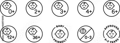 Baby friendly product labels black icons on transparent background, chocking hazard, baby approved icon set