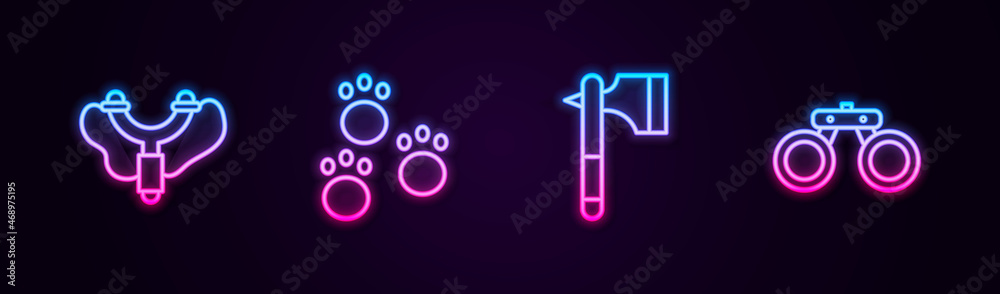 Set line Slingshot, Paw print, Wooden axe and Binoculars. Glowing neon icon. Vector Set line Slingshot, Paw print, Wooden axe and Binoculars. Glowing neon icon. Vector