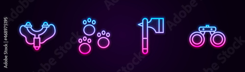 Set line Slingshot, Paw print, Wooden axe and Binoculars. Glowing neon icon. Vector