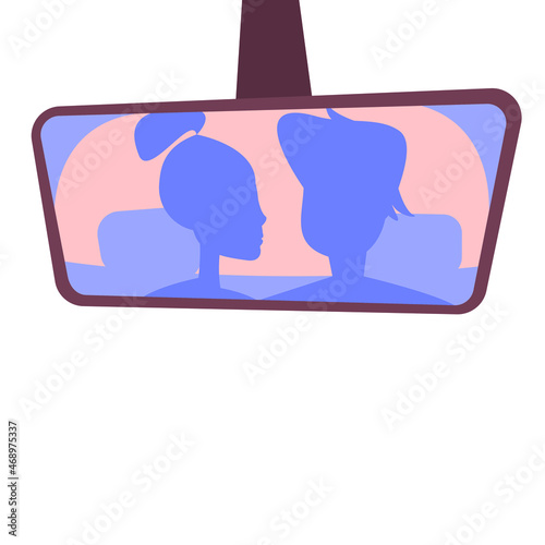 A couple in love, a girl and a guy ride in a car as passengers, a taxi, in the back seat, and they can be seen in the rear mirror. Purple. Vector illustration