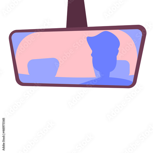 A man, a guy, is driving in the back seat as a passenger and can be seen in the rear window. Purple. Vector illustration.