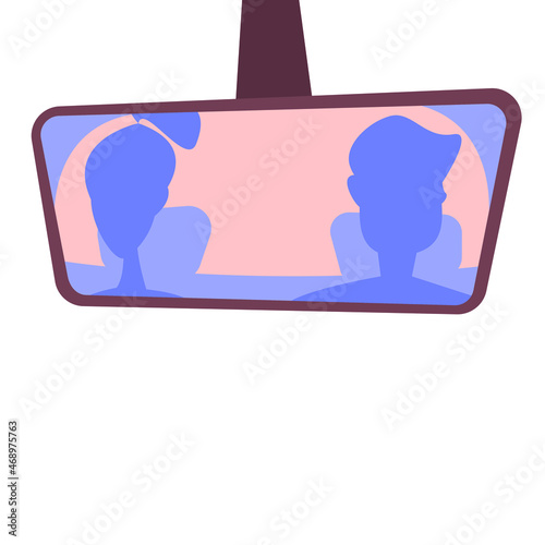 The guy and the girl are traveling in the car in the back seat as passengers and can be seen in the rear mirror. Purple. Vector illustration.