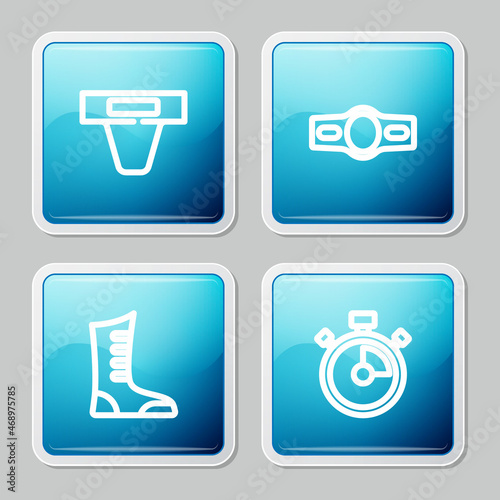 Set line Groin guard, Boxing belt, Sport boxing shoes and Stopwatch icon. Vector