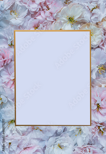 Fototapeta Naklejka Na Ścianę i Meble -  Beautiful, Romantic Photo frame background with white and pink flowers.Beautiful floral wallpaper. Valentines day, mothers day, womens day, spring concept. Flat lay, top view, copy space.
