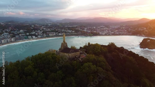 Monte Urgull near the Atlantic ocean. A drone shot of the town of San Sebastian, Spain, UHD, 4K photo