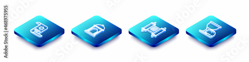 Set Isometric line Torah scroll, Muslim Mosque, Decree, paper, parchment, and Holy grail chalice icon. Vector