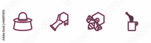 Set line Beekeeper with protect hat, and honeycomb, Honeycomb hand and dipper stick icon. Vector