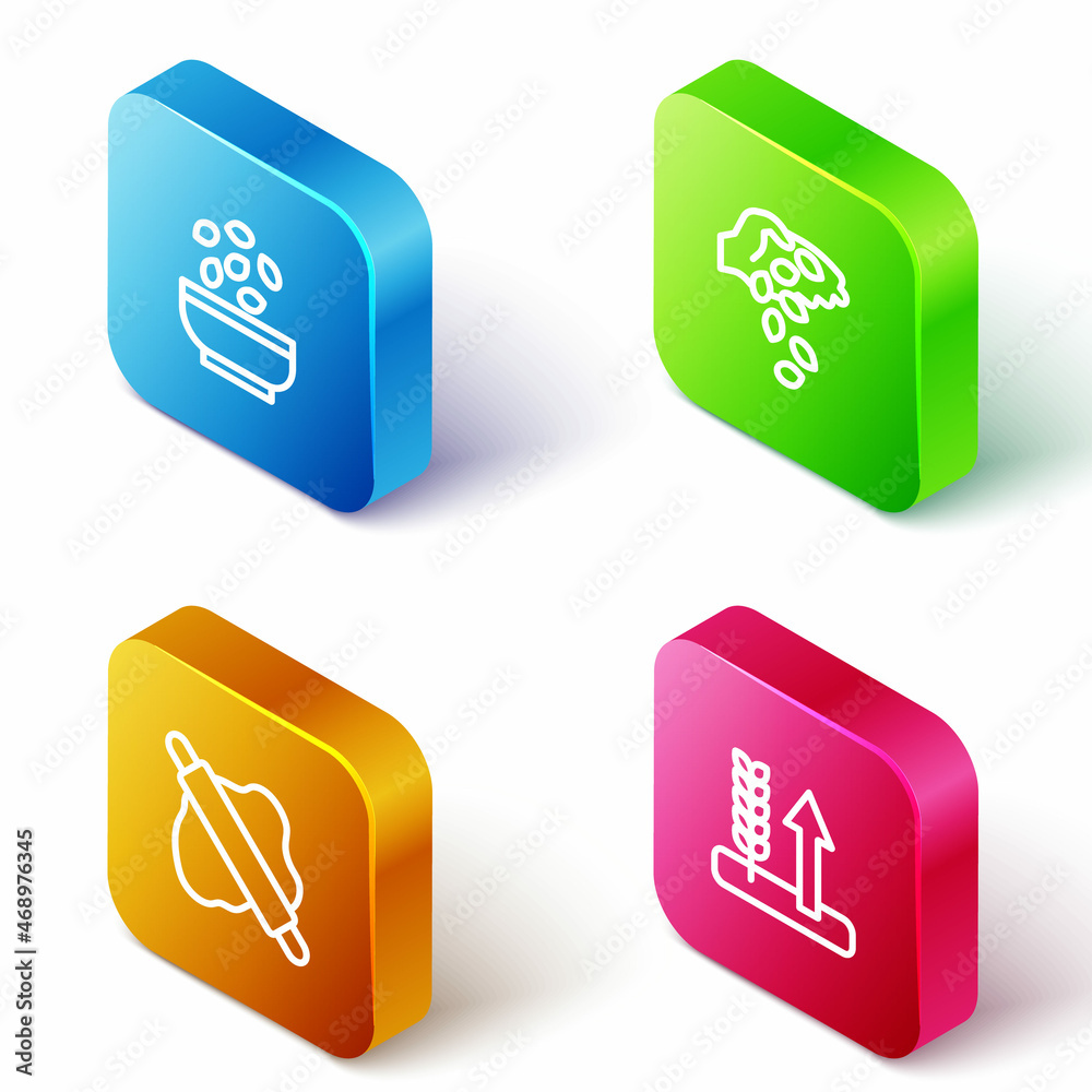 Set Isometric line Seeds in bowl, , Rolling pin on dough and Wheat icon. Vector Set Isometric line Seeds in bowl, , Rolling pin on dough and Wheat icon. Vector