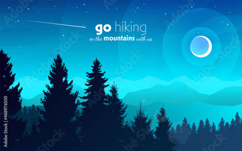 Vector landscape, night scene in nature with mountains and forest, silhouettes of trees. Hiking tourism. Adventure. Minimalist graphic flyers. Polygonal flat design for coupons, vouchers, gift cards