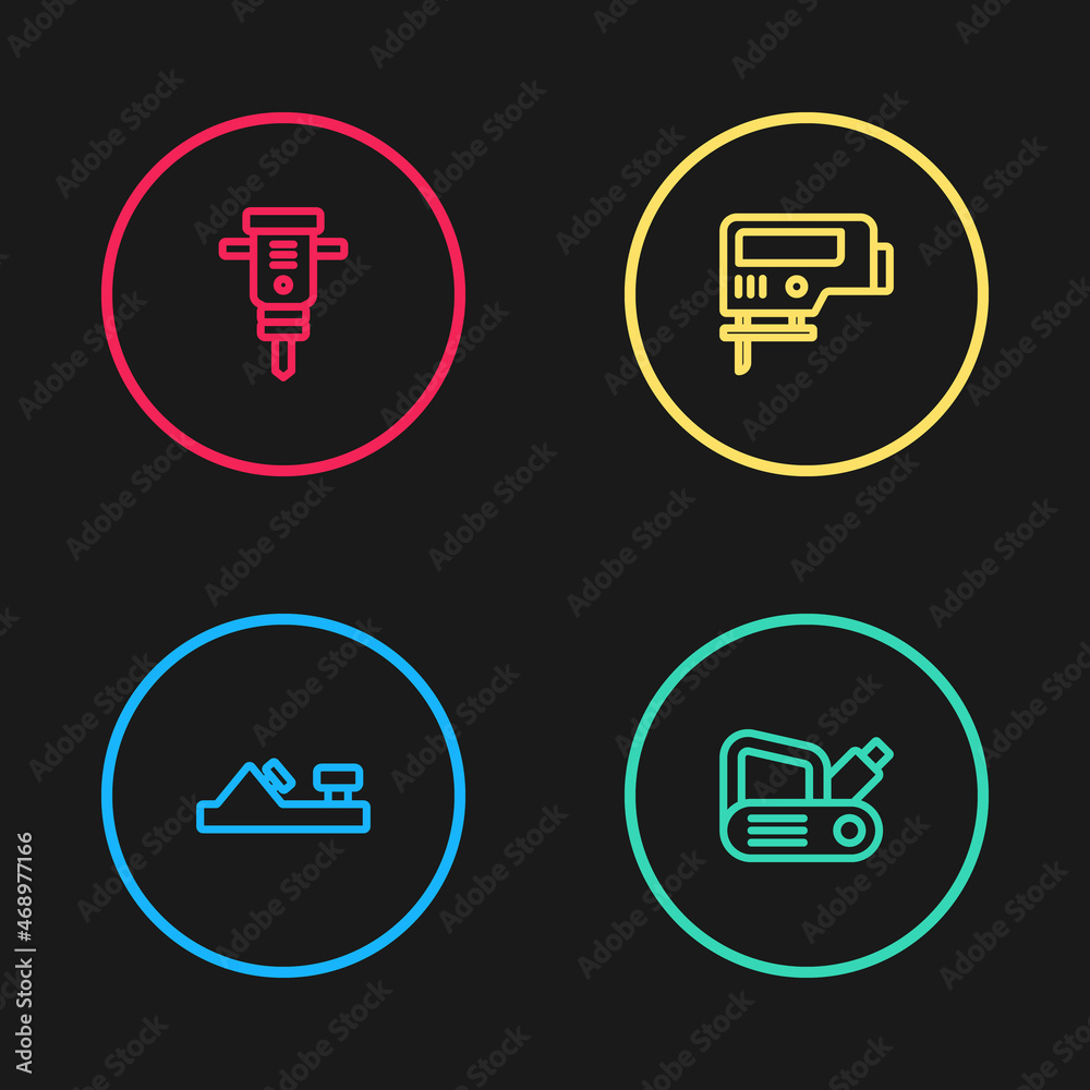 Set line Wood plane tool, Electric planer, jigsaw and Construction jackhammer icon. Vector Set line Wood plane tool, Electric planer, jigsaw and Construction jackhammer icon. Vector