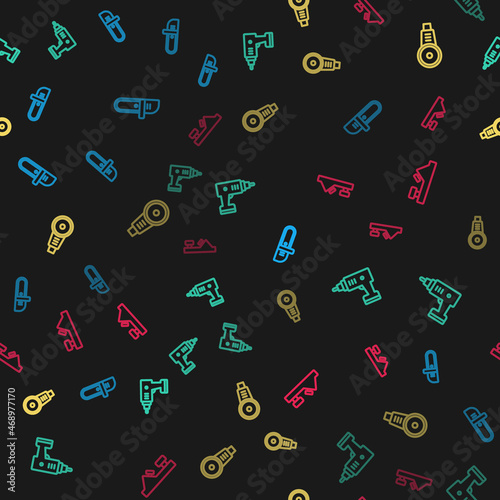 Set line Chainsaw, Electric cordless screwdriver, Angle grinder and Wood plane tool on seamless pattern. Vector