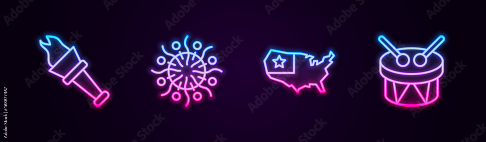 Set line Torch flame, Firework, USA map and Drum and drum sticks. Glowing neon icon. Vector Set line Torch flame, Firework, USA map and Drum and drum sticks. Glowing neon icon. Vector