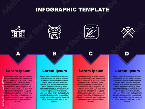 Set line United States Capitol Congress, Drum and drum sticks, Declaration of independence and American flag. Business infographic template. Vector