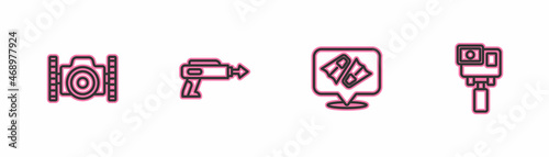 Set line Photo camera for diver, Flippers swimming, Fishing harpoon and Action extreme icon. Vector