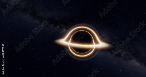Multiple black hole clips sequence with lensing effect and accretion disk. Stars and galaxy background. Cinematic space rendering for science, technology and science fiction visualizations.