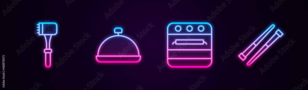 Set line Kitchen hammer, Covered with tray of food, Oven and Food chopsticks. Glowing neon icon. Vector Set line Kitchen hammer, Covered with tray of food, Oven and Food chopsticks. Glowing neon icon. Vector