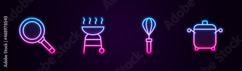 Set line Frying pan, Barbecue grill, Kitchen whisk and Cooking pot. Glowing neon icon. Vector
