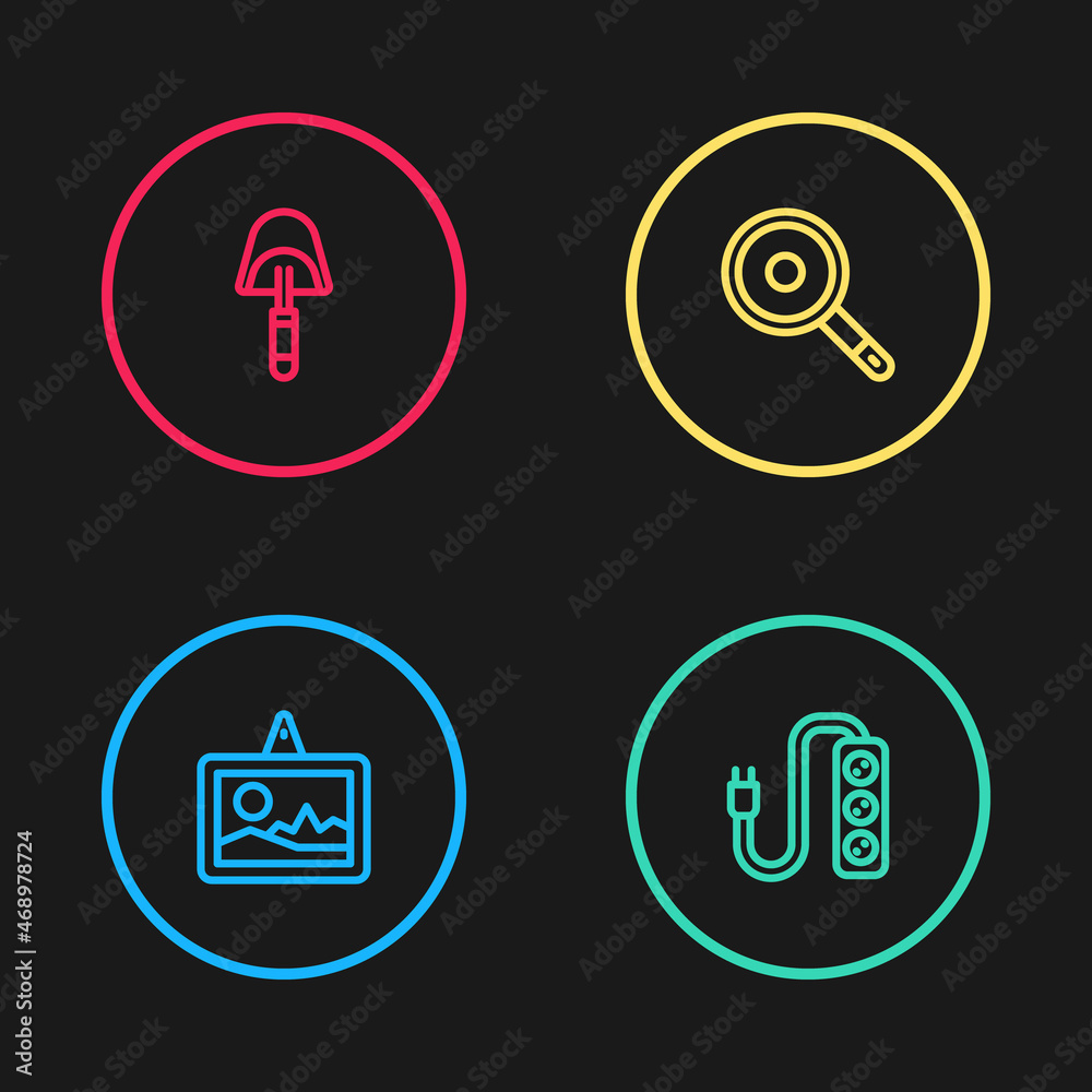 Set line Picture, Electric extension, Frying pan and Spatula icon. Vector Set line Picture, Electric extension, Frying pan and Spatula icon. Vector
