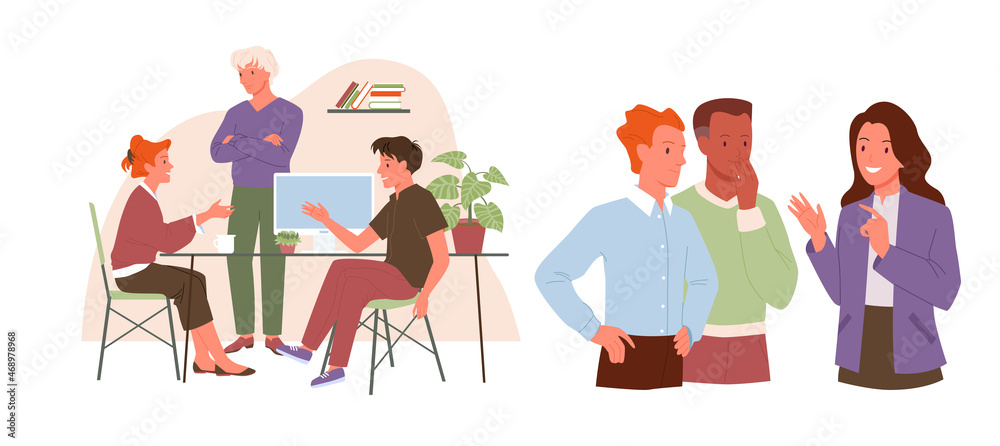 Cartoon brainstorm teamwork of employees group, managers brainstorming on creative project at table isolated on white. Team of business people meeting in office for discussion vector illustration