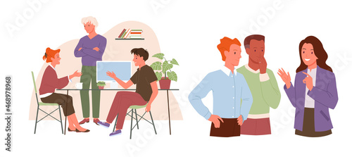 Cartoon brainstorm teamwork of employees group, managers brainstorming on creative project at table isolated on white. Team of business people meeting in office for discussion vector illustration