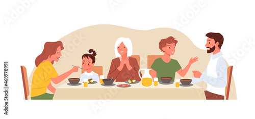 Cartoon mother feeding little daughter, father, son, grandmother sitting at dining table and eating isolated on white. Happy family time concept. Family people eat dinner at home vector illustration