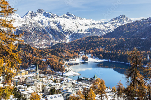 View of St. Moritz, the famouse resort region for winter sport, from the high hill photo