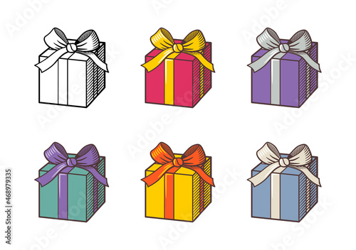 Set of gift boxes with ribbons in different colors. Retro style vector illustration