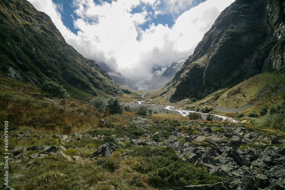 Fototapeta premium View of a mountain valley in the Caucasus Mountains, Dombay, Russia.