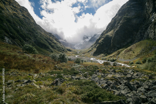 View of a mountain valley in the Caucasus Mountains, Dombay, Russia.