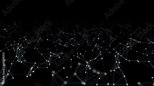 Abstract network of moving glowing dots and lines. Network or digital connection. Technology background. 3d rendering. 4K. Seamless loop.