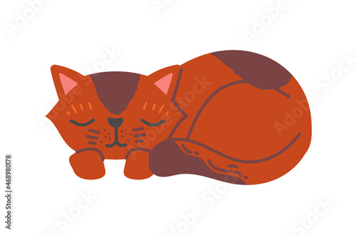 Fototapeta Naklejka Na Ścianę i Meble -  Brown cat sleep. Cute pet recuperates. Animal tired of activities during day. Graphic elements for printing on childrens clothing, sticker, poster, badge, dream. Cartoon flat vector illustration