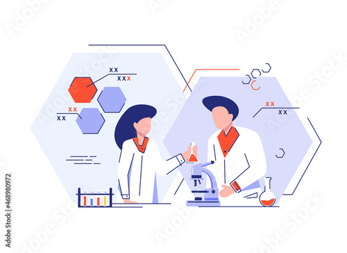 two young scientists doing research in a laboratory on white background,flat design icon vector illustration