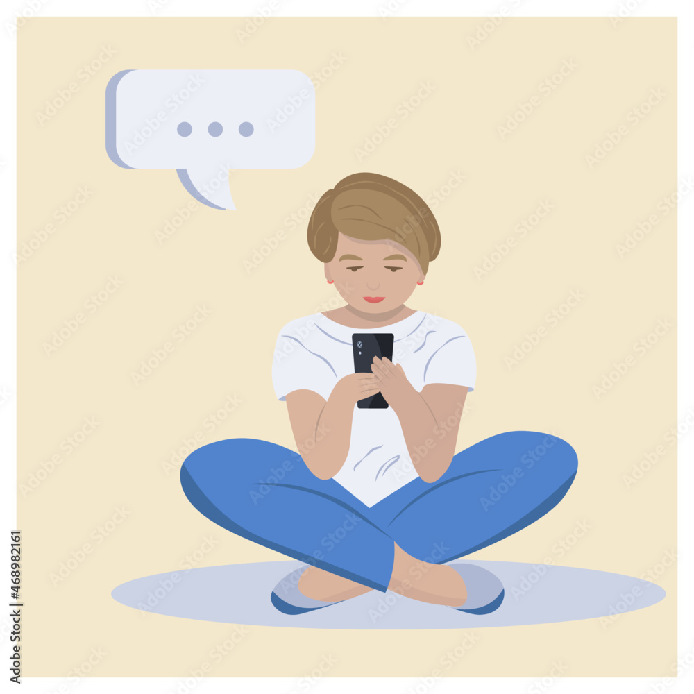 Vector illustration: a girl with a short haircut prints a message in the smartphone while sitting in the lotus position Vector illustration: a girl with a short haircut prints a message in the smartphone while sitting in the lotus position
