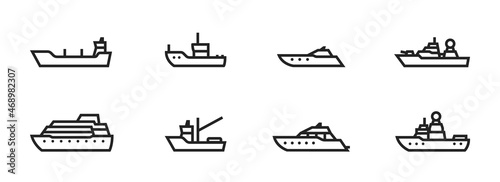 ship and boat line icon set. vessels for sea travel and transportation