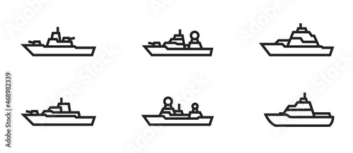 warship line icon set. military ships and naval vessels