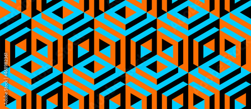 Cubes. Seamless vector geometric 3D pattern. Optical illusions. Op Art. Endless template for fabric or wrapping. Modern textile. Stylish background. Wallpapers. Bright colors. Luxury 3D Tiles.	
