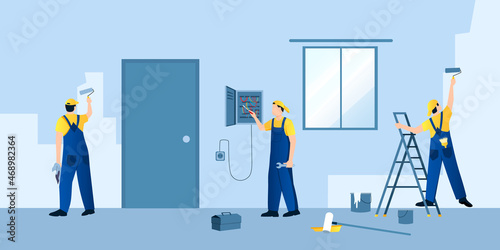 Repair team work indoor. Workers in yellow, blue uniforms make repairs of room. Electrician fix electrical system, two men paint wall. Toolbox, ladder and roller on floor. Flat vector illustration