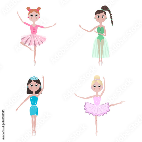 Cute little ballerinas, girls dancing. Love of ballet. Vector illustration, a collection of four characters.
