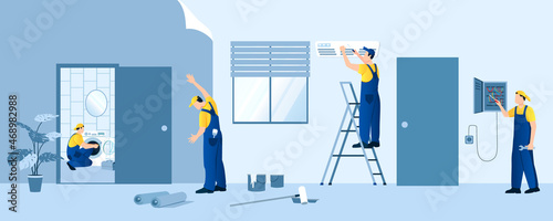  Worker team in yellow t-shirts and blue overalls make repairs in house, apartment. Repairmans fix electricity, washing machine, conditioner, glue wallpaper and paint walls. Vector illustration 