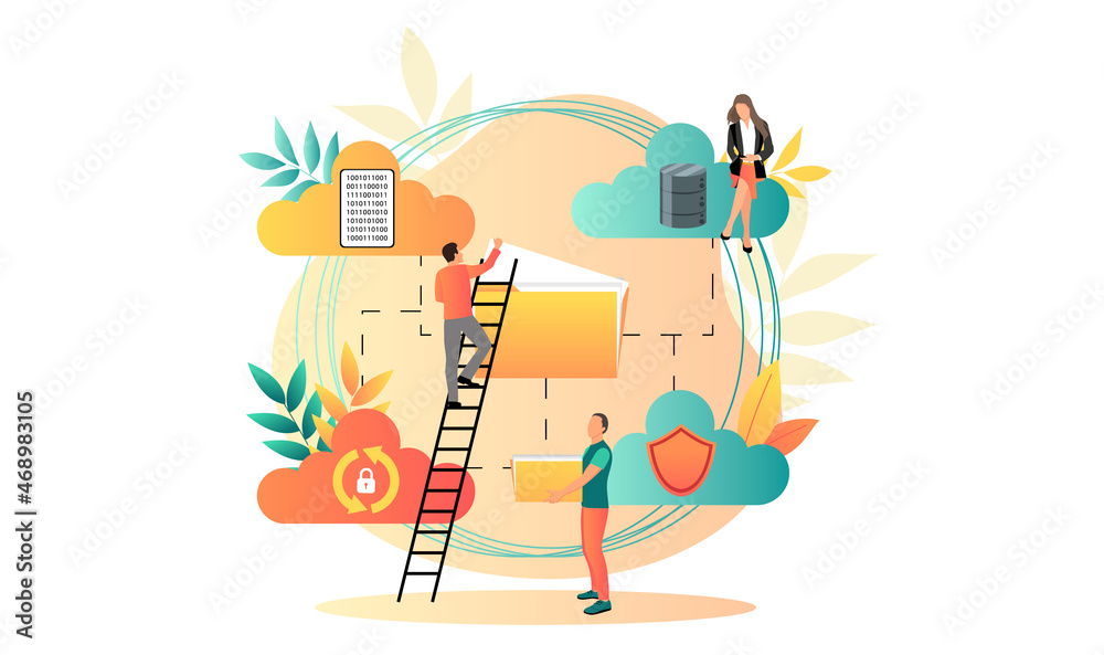 Obraz premium Cloud storage design concept. Internet data exchange technology. Digital information protection service. Different device secure data transmission. Abstract wireless database. Vector illustration