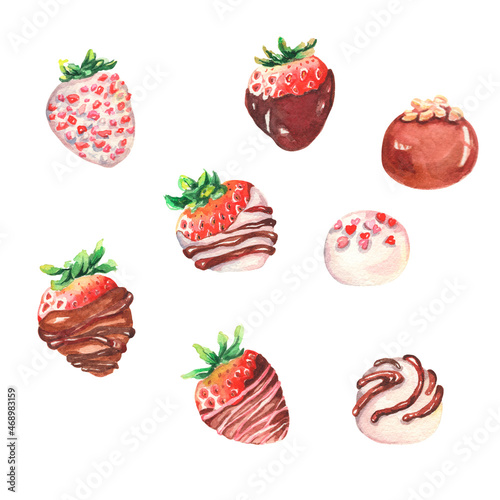 Chocolate-covered strawberries. Isolated elements. Food illustration. Watercolor illustration. Seets and candies for design on a white isolated background. Pink, red romantic illustration. Hand drawn photo