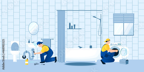 Two professional service workers in blue uniform fix clogged water pipe under sink, washing machine in bathroom. Tools, toolbox on floor. White toilet, bath in room. Vector illustration