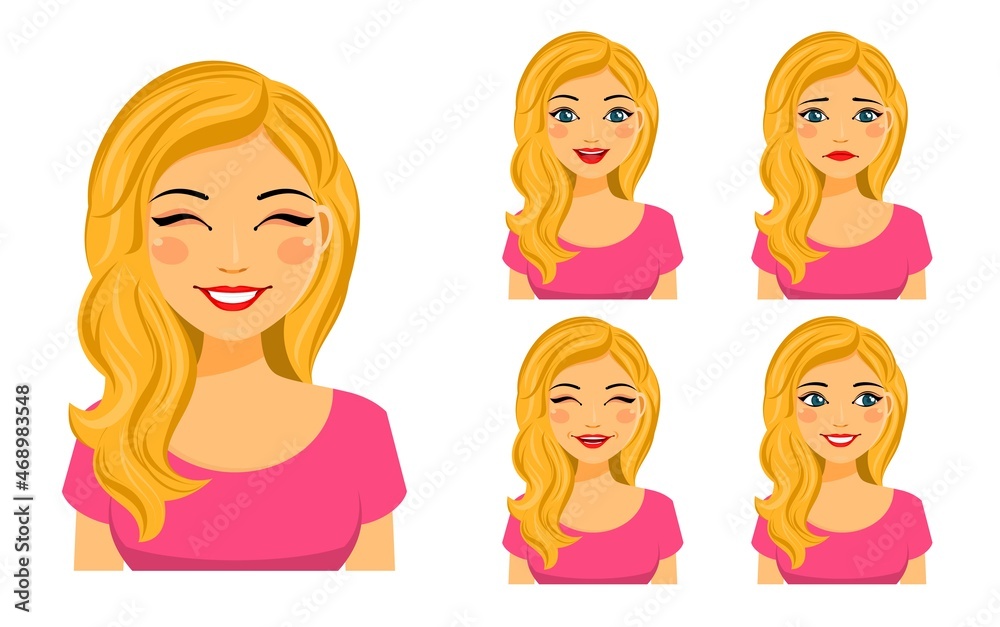Young attractive girl with different emotions. . Sad, surprised, happy, laughing. Flat style on white background. Cartoon. Young attractive girl with different emotions. . Sad, surprised, happy, laughing. Flat style on white background. Cartoon.